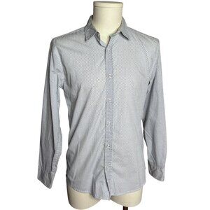 Tranquility Button Up Roll Tab Sleeve Shirt S White Blue Dots Cotton Blend